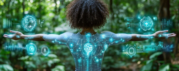 Poster - A woman with a body made of technology is shown in a forest. Concept of futuristic technology and the idea of merging the natural world with the digital world. The woman's arms are spread wide