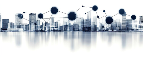Poster - A city skyline with a network of dots connecting the buildings. Concept of connectivity and interdependence between the various elements of the city