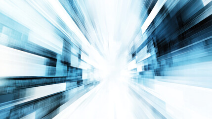 Poster - A blurry blue and white image of a building with a white background. The image has a sense of motion and energy, as if it is moving through space