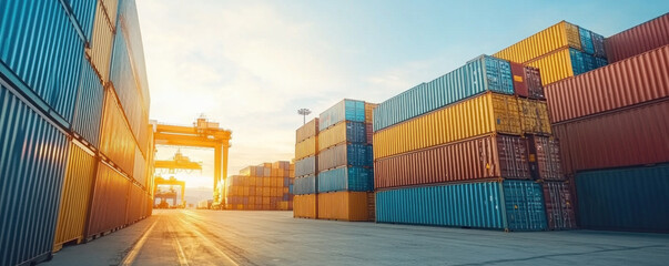 Poster - A large container yard with many containers stacked in various colors. The scene is bright and sunny, with the sun shining on the containers