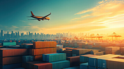 Poster - A large airplane is flying over a city with many buildings and containers. The sky is orange and the sun is setting