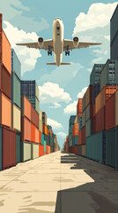 Poster - A large white airplane is flying over a long, empty road with many containers. The scene is calm and peaceful, with the airplane soaring high above the ground
