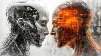 Poster - Two robots are facing each other with one having a red eye. The robots are made of metal and have a futuristic appearance. The scene is set in a dark room with a white background