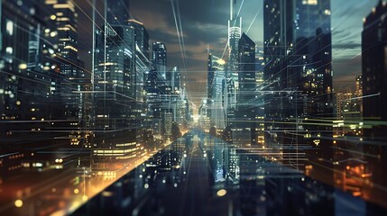 Poster - cityscape with gleaming lights showcasing a network of lines symbolizing connectivity and futuristic