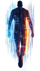 Poster - A man is walking through a city with a futuristic vibe. The city is lit up with neon lights and the man is surrounded by a blue and orange glow. Concept of movement and energy