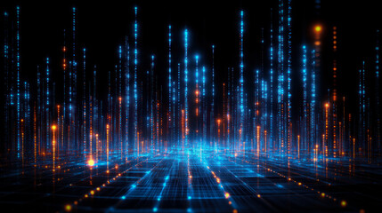 Poster - A computer generated image of a cityscape with blue and orange lights. The image is full of bright, colorful lines that create a sense of movement and energy. Scene is one of excitement and wonder