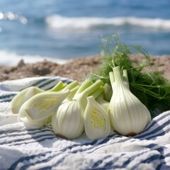 Wall Mural - A bunch of white onions are on a blue and white blanket