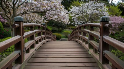 Sticker - A wooden bridge with a view of a garden with cherry blossoms