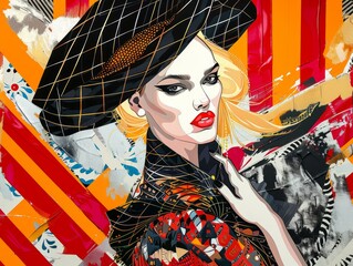 Wall Mural - A woman is wearing a black hat and a red dress