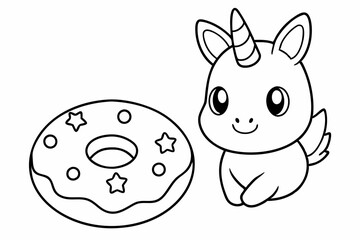 Wall Mural -  Kawaii Coloring page, cut kawaii unicorn siting on donut, black line art, vector illustration