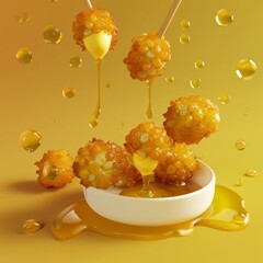 Sticker - A bowl of fried food with a drizzle of honey