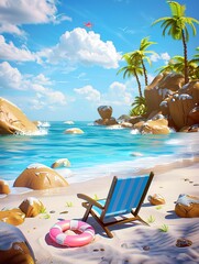 Wall Mural - cartoon style summer beach scene with a blue sky and white clouds