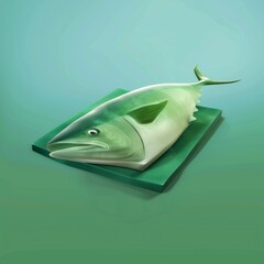 Wall Mural - A fish is cut in half and placed on a green surface