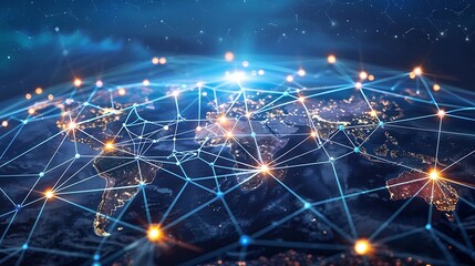 Poster - Digital illustration depicting a global network with lines connecting nodes representing interconnectedness and communication.