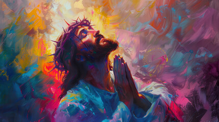 Wall Mural - A vibrant oil painting of Jesus Christ, wearing a crown of thorns, praying with hands clasped, near a glowing, heavenly background