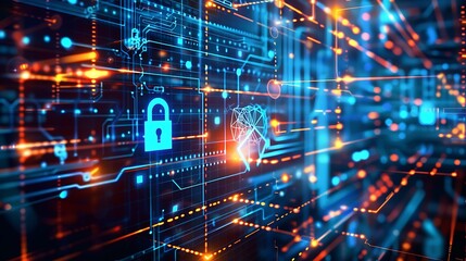 Poster - Abstract Digital background representing data security and cybersecurity with glowing circuit boards lines and a padlock symbol.