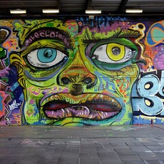 Wall Mural - A colorful face with a mouth open and eyes closed