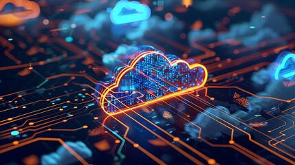 Poster - 3D Rendered of a cloud symbol on a circuit board representing digital technology and cloud computing.