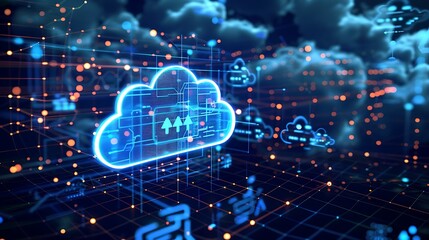 Poster - Digital illustration of a cloud computing network emphasizing data storage and transfer.