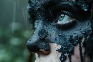 Wall Mural - close-up of a person's face covered in rain drops