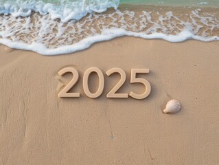 Wall Mural - new year 2025 on sandy beach