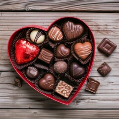 Canvas Print - A box of assorted chocolates is placed on a wooden table