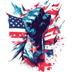 Illustration of the 2024 U.S. A clenched fists up in a bold, modern style, featuring dynamic portraits and patriotic elements like the American flag and voting symbols, designed for a t-shirt