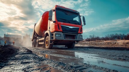 A cement truck navigating a muddy construction site under a dramatic sky