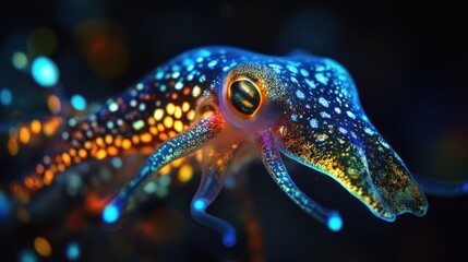 potrait of rare bioluminescent squid in the deep ocean