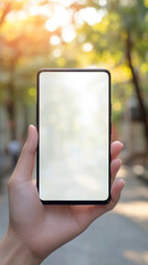 Poster - A person is holding a cell phone with a white screen. The phone is in a hand and the person is looking at it