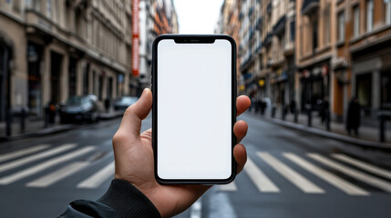 Poster - A person is holding a phone with a white screen in a city street. The phone is not in use, and the person is holding it up to the camera. Concept of detachment or disinterest