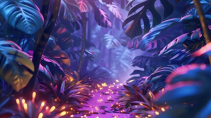 Poster - A forest path lined with neon Monstera deliciosa leaves, leading through a glowing tropical paradise