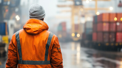 Poster - A man in an orange jacket stands in the rain. He is wearing a hat and a reflective vest