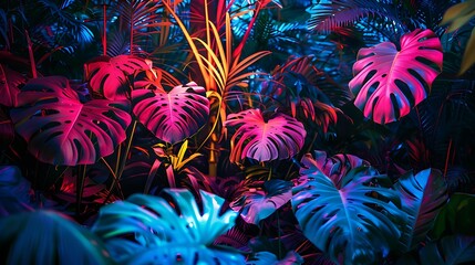 Poster - A lush tropical forest illuminated by vibrant neon Monstera deliciosa leaves, casting a colorful glow among the greenery
