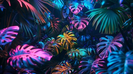 Poster - A lush tropical forest illuminated by vibrant neon Monstera deliciosa leaves, casting a colorful glow among the greenery