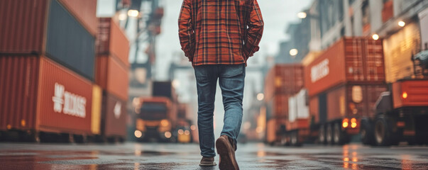 Wall Mural - A man is walking down a street in a city with a red and white plaid jacket. The street is wet and there are many trucks and cars in the background