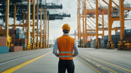 Poster - A man in a safety vest stands in front of a large building with orange cranes. Concept of caution and responsibility, as the man is likely a worker in a construction or industrial setting