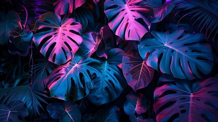 Poster - Brightly lit neon Monstera deliciosa leaves entwined with other tropical plants, creating a surreal forest scene