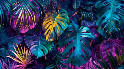 Poster - Brightly lit neon Monstera deliciosa leaves entwined with other tropical plants, creating a surreal forest scene