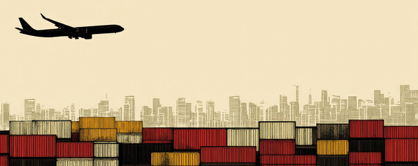 Poster - A large airplane is flying over a city with many buildings and containers. Concept of movement and progress, as the airplane represents modern transportation and the containers symbolize trade