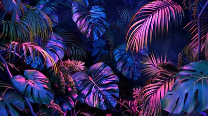 Poster - Brightly lit neon Monstera deliciosa leaves entwined with other tropical plants, creating a surreal forest scene