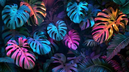 Poster - Brightly lit neon Monstera deliciosa leaves entwined with other tropical plants, creating a surreal forest scene