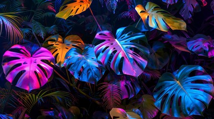 Poster - Close-up of neon Monstera deliciosa leaves with vivid colors contrasting against the dense tropical foliage
