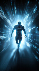 Poster - A man in a futuristic suit is walking through a tunnel. The tunnel is illuminated with blue light, creating a sense of mystery and wonder. The man's suit is made of a shiny, metallic material