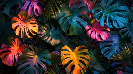 Poster - Close-up of neon Monstera deliciosa leaves with vivid colors contrasting against the dense tropical foliage