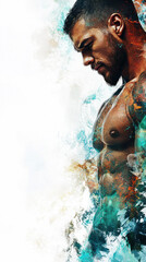 Wall Mural - A man with a tattoo on his chest is standing in front of a white background. The image has a bold and confident feel to it, with the man's muscular physique and the vibrant colors of the tattoo