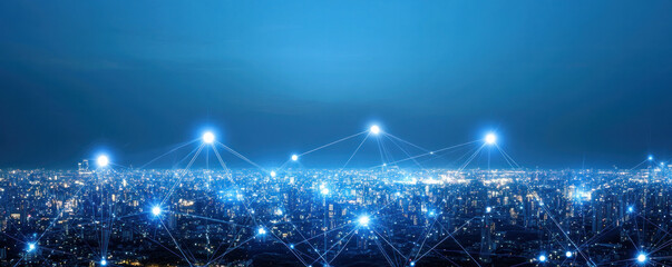 Poster - a cityscape with a blue sky and a network of lights. the lights are connected to each other, creatin