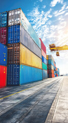 Poster - A large container ship is docked at a port. The ship is surrounded by many other large containers, and a crane is lifting one of them. Concept of busyness and activity