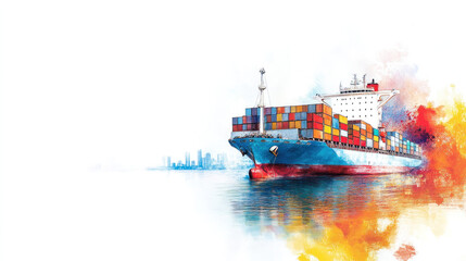 Poster - A large blue ship is sailing in the ocean with a city in the background. The ship is carrying a large number of containers, and the city in the background suggests that it is a busy port