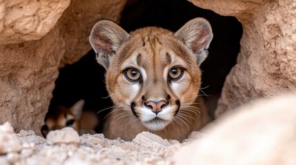 Sticker - Curious cougar peeking out from rocky den